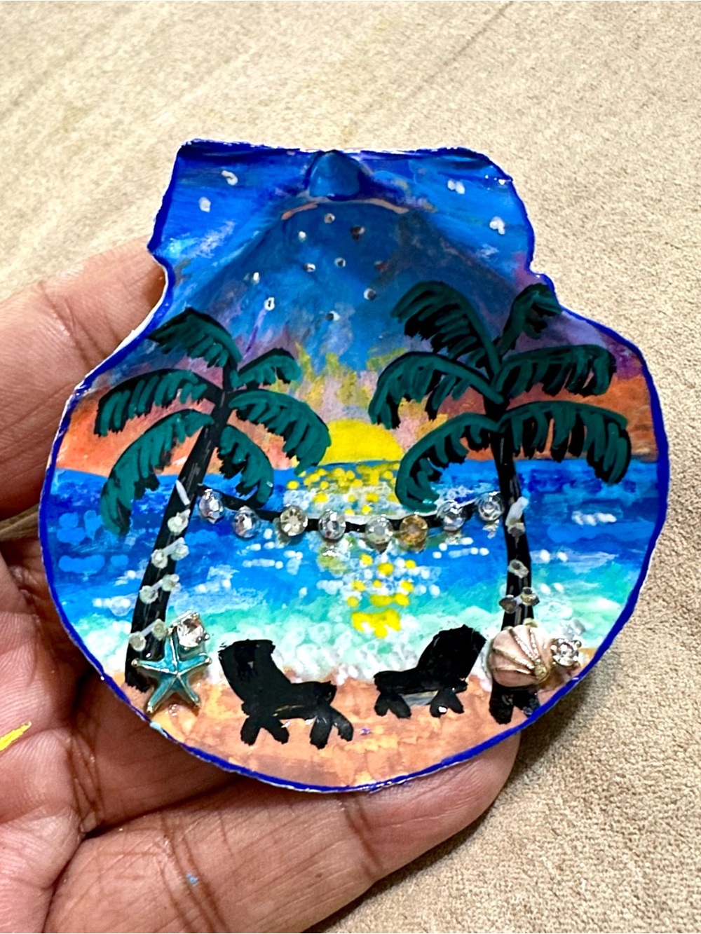 Hand Painted Tropical Beach Sunset and Abstract Seashell Art Display with Stand